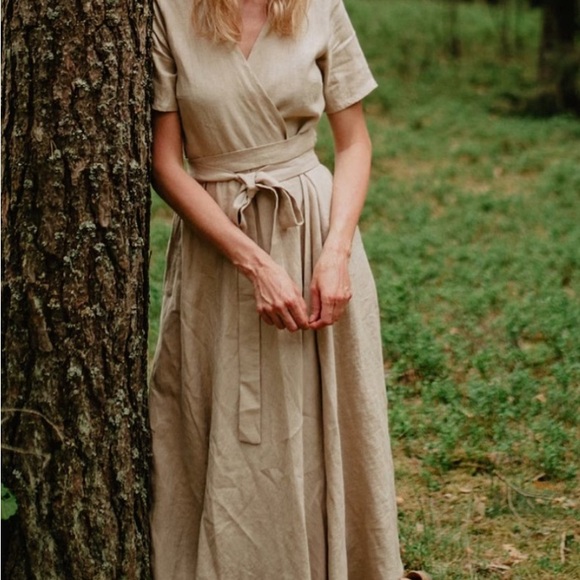 Mantaikotai Beige Lisbon Linen Wrap Dress Lisbon S - Picture 3 of 6